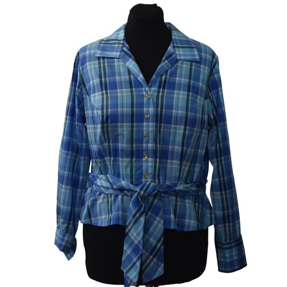 Jones New York Signature Woman 1X Blouse Blue Plaid Belted - Picture 1 of 8